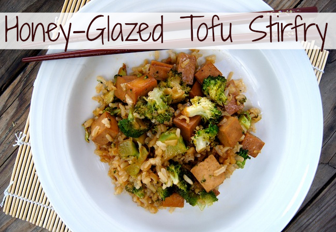 browned tofu and broccoli on a bed of brown rice